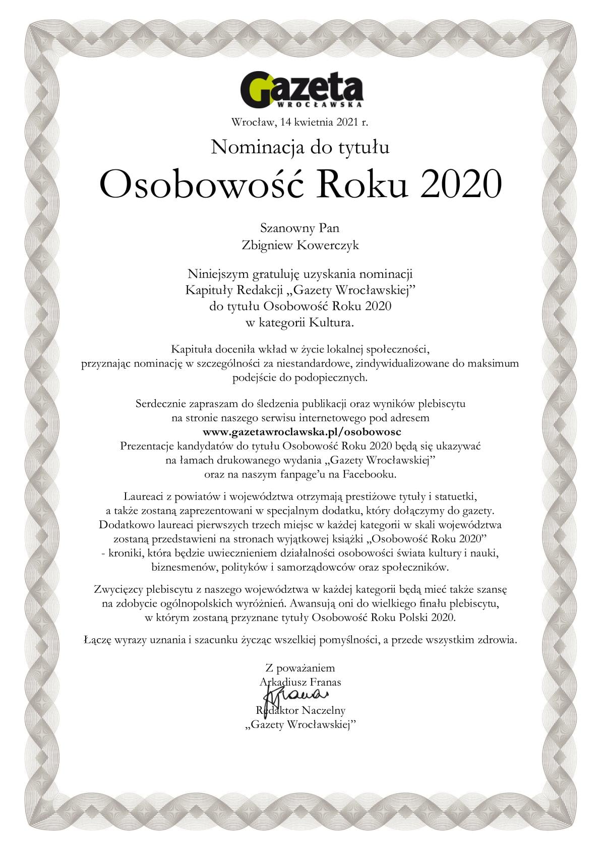 Nominacja do tytułu Osobowość Roku 2020 Gazety Wrocławskiej